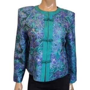 Vintage 80s Asian Blazer Jacket Satin Floral Frog Button Mandarin Collar Teal